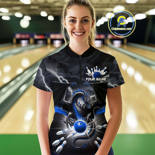 Custom Thunder Lightning Blue Dragon Bowling Team Women Quarter-Zip Shirt, Bowling Jersey IPHW9111