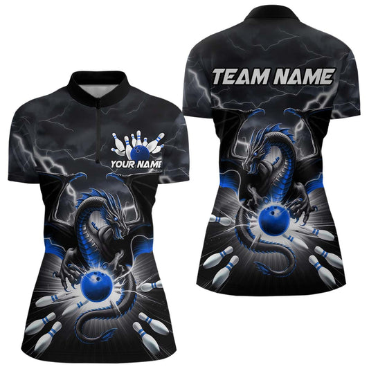 Custom Thunder Lightning Blue Dragon Bowling Team Women Quarter-Zip Shirt, Bowling Jersey IPHW9111