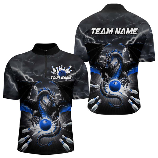 Custom Thunder Lightning Blue Dragon Bowling Team Quarter-Zip Shirts For Men, Bowling Jerseys IPHW9111