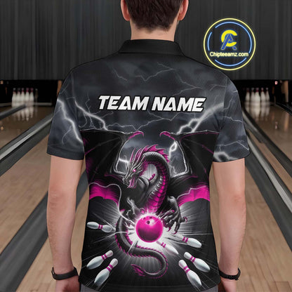 Custom Thunder Lightning Pink Dragon Bowling Team Polo Shirts For Men, Bowling Jerseys IPHW9113
