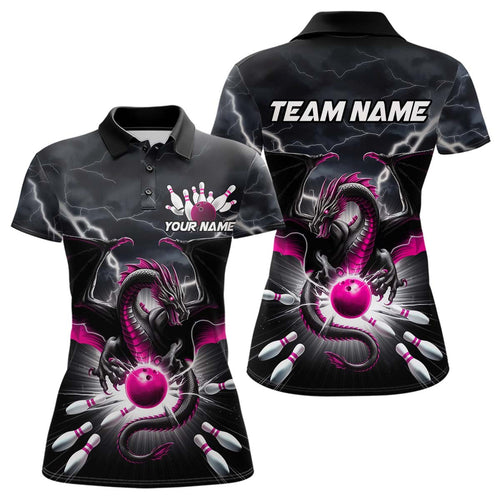 Custom Thunder Lightning Pink Dragon Bowling Team Polo Shirts For Women, Bowling Jerseys IPHW9113