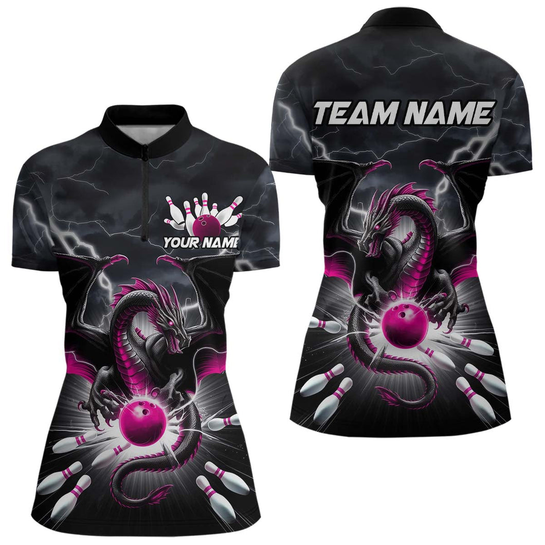 Custom Thunder Lightning Pink Dragon Bowling Women Quarter-Zip Shirts, Bowling Jerseys IPHW9113