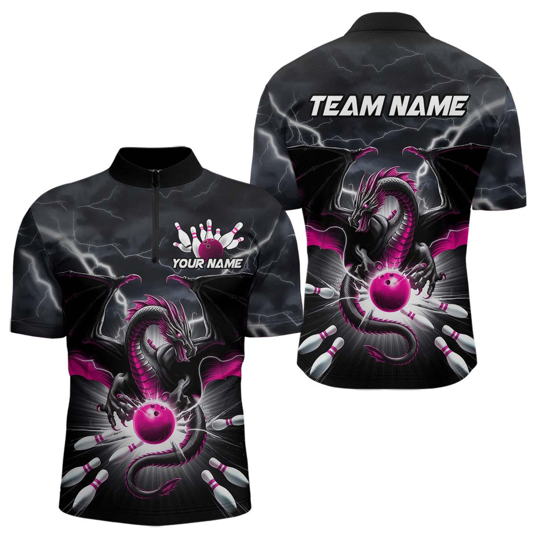 Custom Thunder Lightning Pink Dragon Bowling Team Quarter-Zip Shirts For Men, Bowling Jerseys IPHW9113