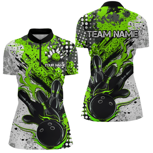 Black And Green Custom Flame Ladies Bowling Shirts, Splatter Bowling Team Jerseys Outfit IPHW7166