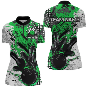 Black And Green Custom Flame Ladies Bowling Shirts, Splatter Bowling Team Jerseys Outfit IPHW7167