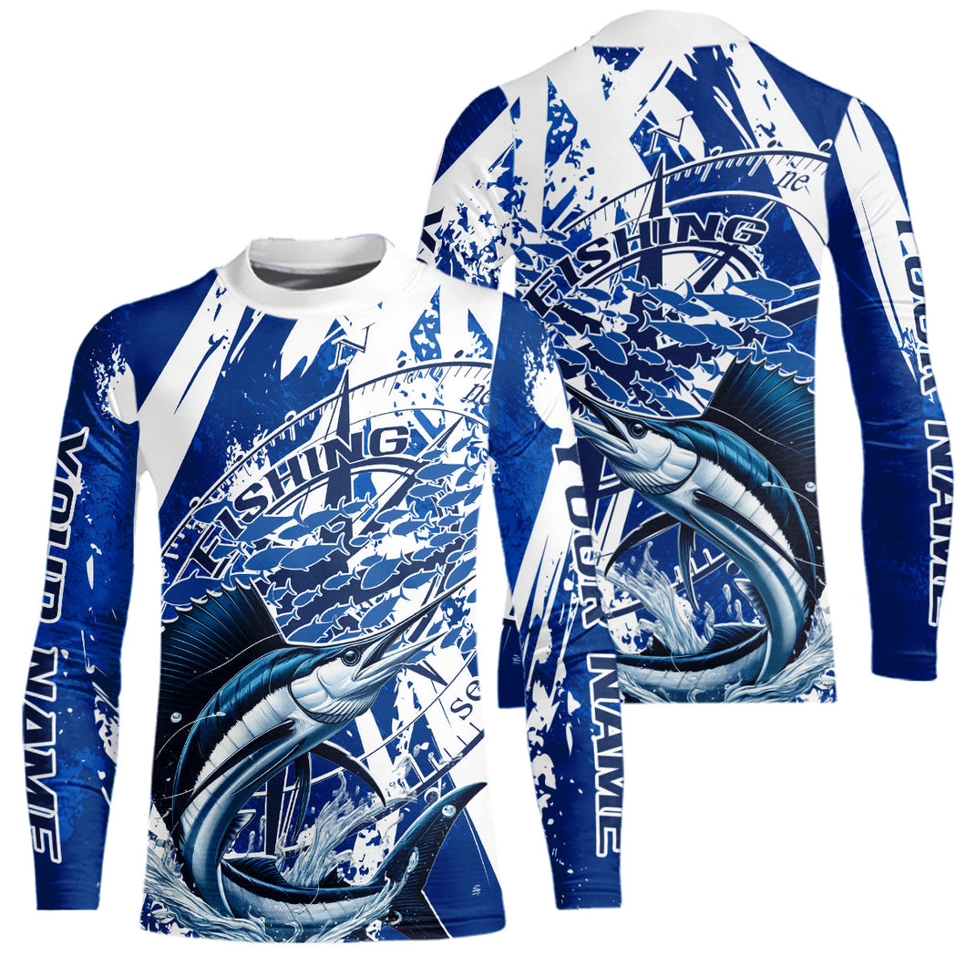 Custom Blue Camo Sailfish Saltwater Fishing Kid Long Sleeve Performance Fishing Shirts IPHW9158