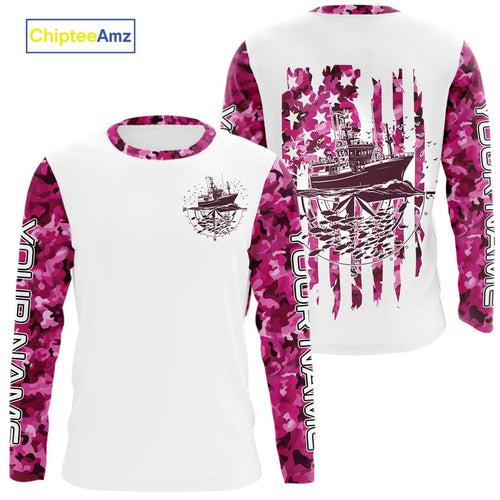 Custom Pink Camo Patriotic Saltwater Long Sleeve Performance Fishing Shirts, Deepsea Fishing Shirt IPHW9165