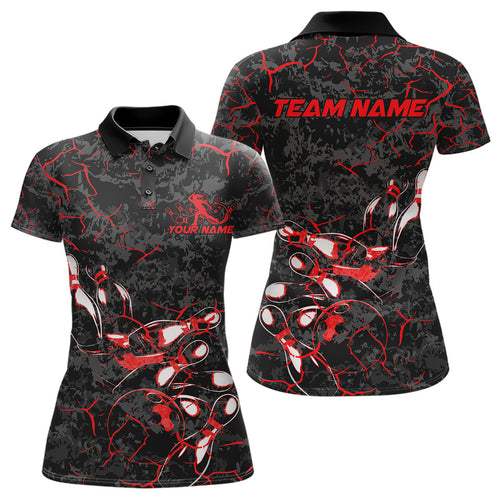 Custom Black And Red Camo Bowling Team Polo Shirts For Women, Bowling League Shirt IPHW9370