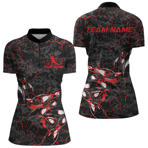 Custom Black And Red Camo Bowling Team Women Quarter-Zip Shirts, Bowling League Shirt IPHW9370