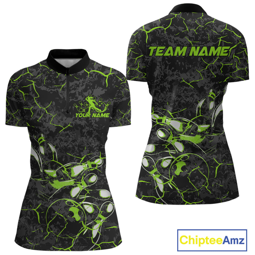 Custom Black And Green Camo Bowling Team Women Quarter-Zip Shirts, Bowling League Shirt IPHW9372