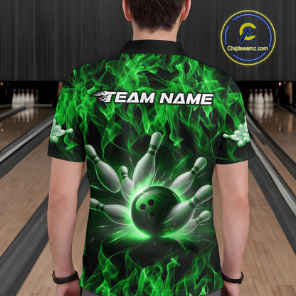 Custom Black And Green Flame Bowling Team Men Polo Shirts, Bowling Tournament Shirt IPHW9755