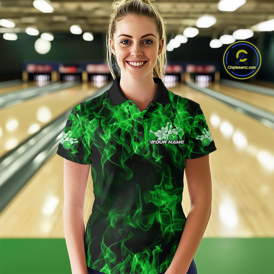 Custom Black And Green Flame Bowling Team Women Polo Shirts, Bowling Tournament Shirt IPHW9755