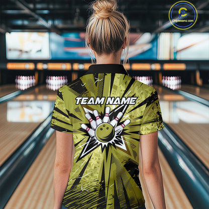 Custom Military Green Camo Bowling Team Women Quarter-Zip Shirts, Bowling League Shirt IPHW9384