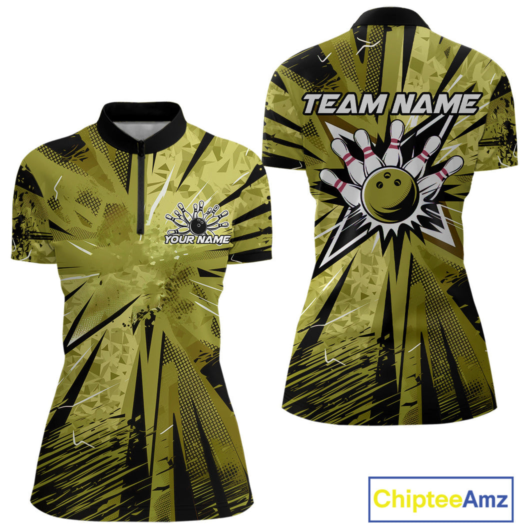 Custom Military Green Camo Bowling Team Women Quarter-Zip Shirts, Bowling League Shirt IPHW9384
