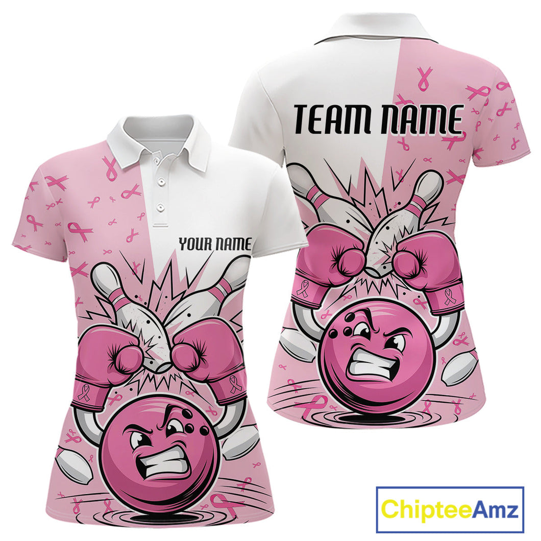 Custom Funny Pink Breast Cancer Bowling Women Polo Shirt, Breast Cancer Fighter Jerseys IPHW9394
