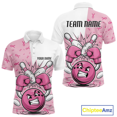 Custom Funny Pink Breast Cancer Bowling Men Polo Shirt, Breast Cancer Fighter Jerseys IPHW9394