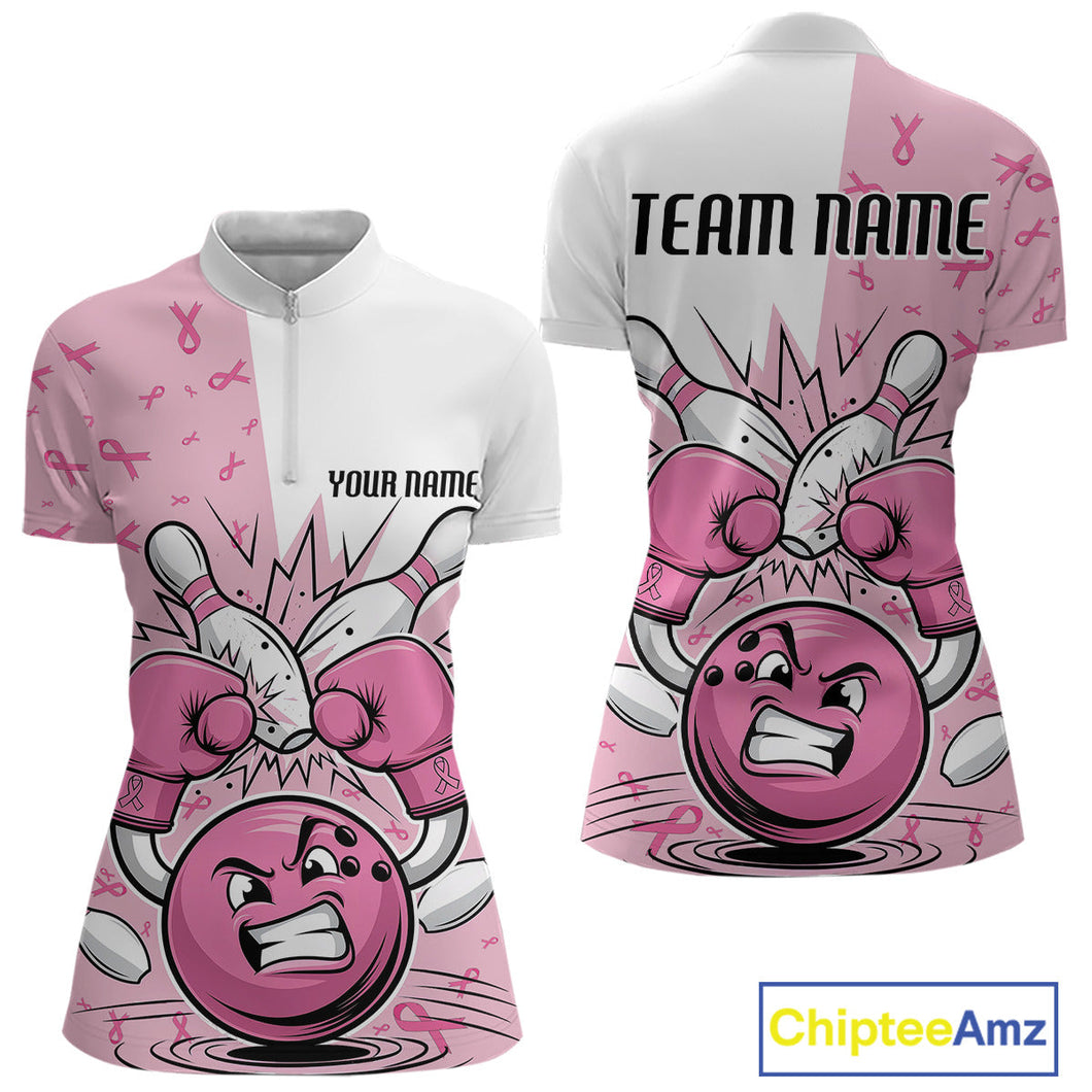 Custom Funny Pink Breast Cancer Bowling Women Quarter-Zip Shirt, Breast Cancer Fighter IPHW9394