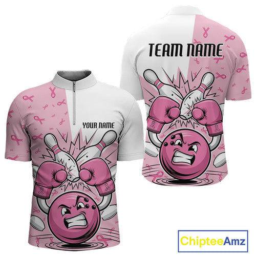 Custom Funny Pink Breast Cancer Bowling Men Quarter-Zip Shirt, Breast Cancer Fighter Jerseys IPHW9394
