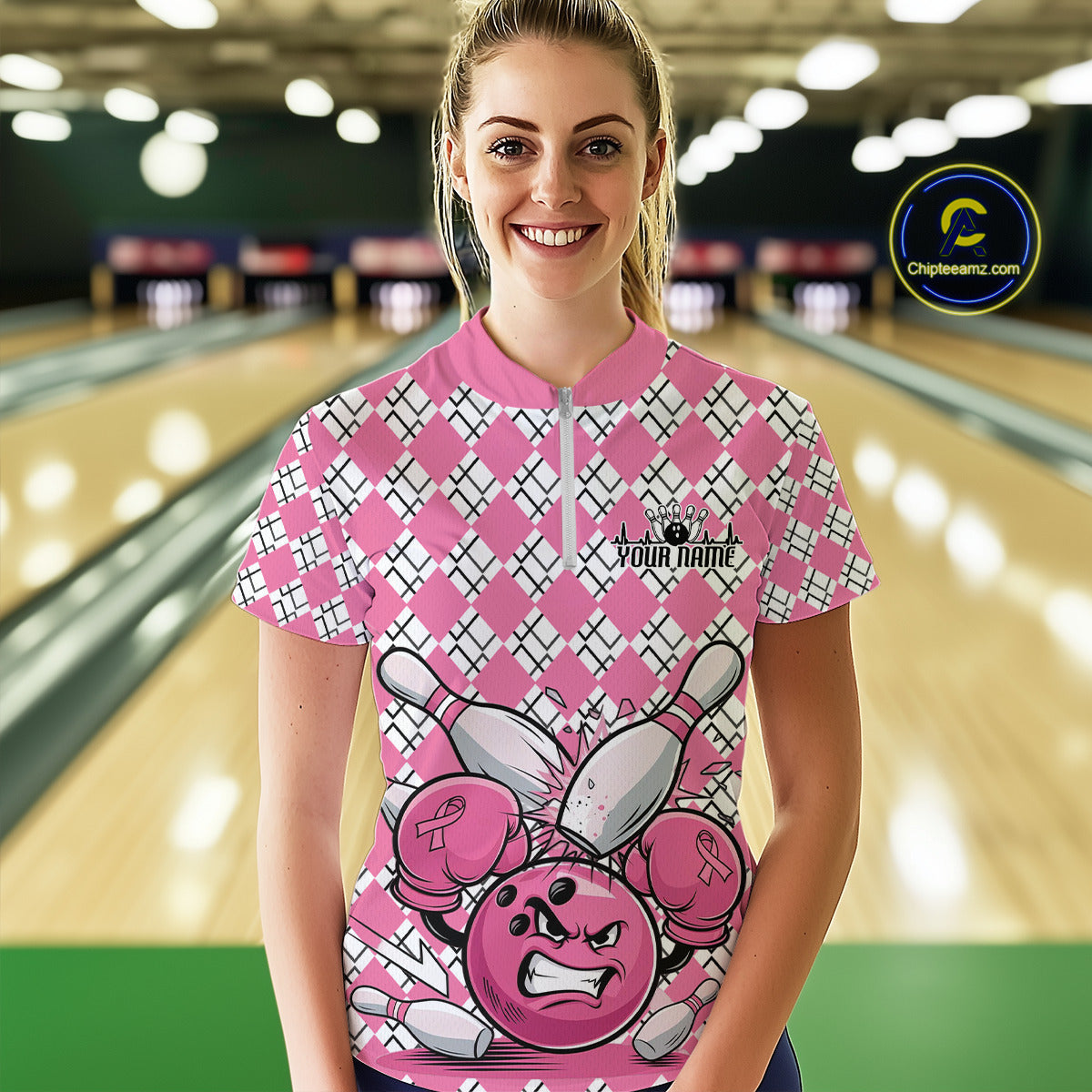 Custom Pink Argyle Pattern Funny Breast Cancer Fighter Bowling Women Quarter-Zip Shirts IPHW9396