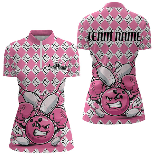 Custom Pink Argyle Pattern Funny Breast Cancer Fighter Bowling Women Quarter-Zip Shirts IPHW9396