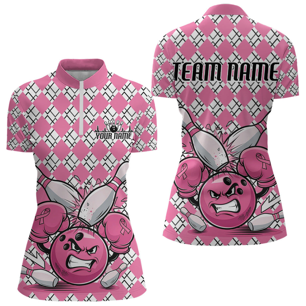 Custom Pink Argyle Pattern Funny Breast Cancer Fighter Bowling Women Quarter-Zip Shirts IPHW9396