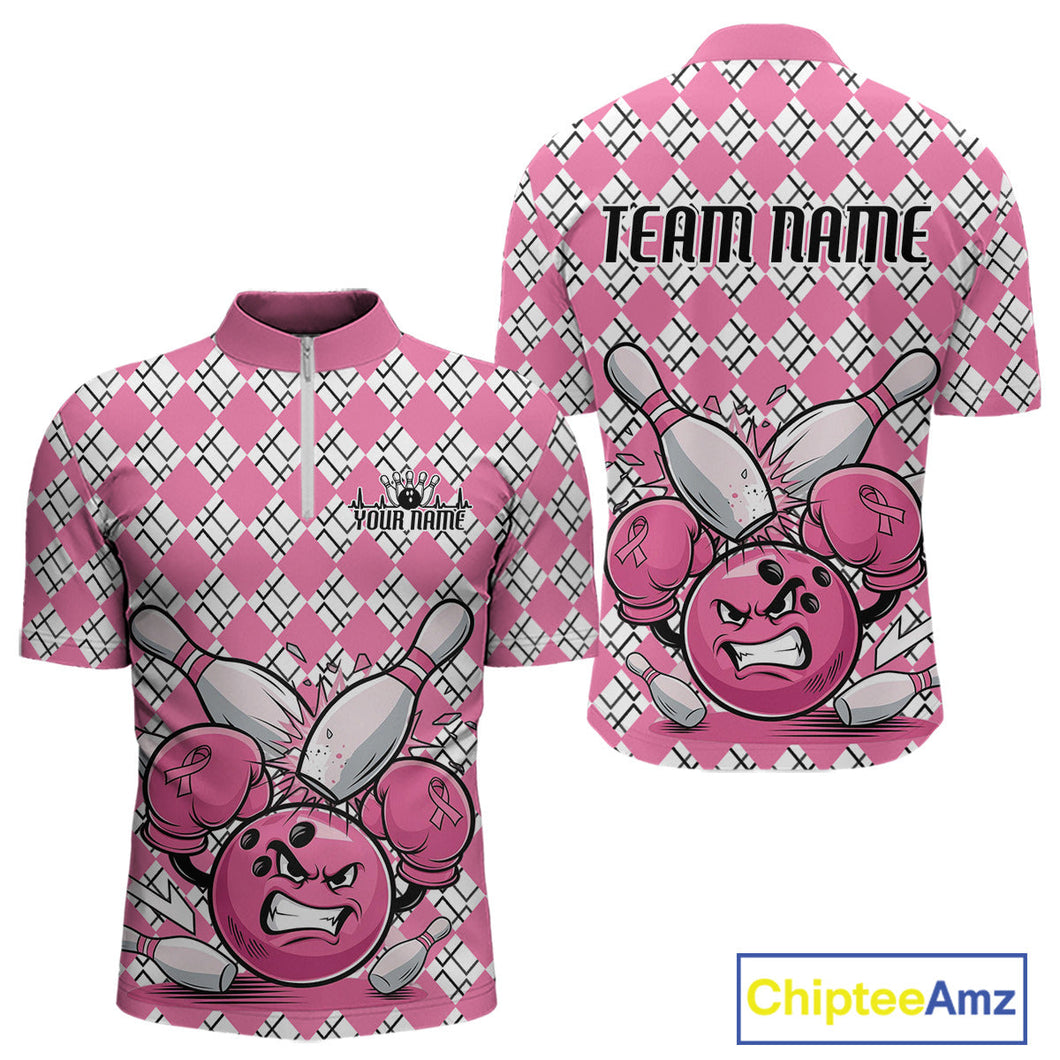 Custom Pink Argyle Pattern Funny Breast Cancer Fighter Bowling Quarter-Zip Shirts For Men IPHW9396