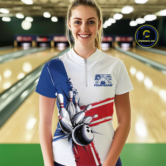 Personalized Red, White And Blue Patriotic US Flag Bowling Women Quarter-Zip Shirt Team IPHW9543