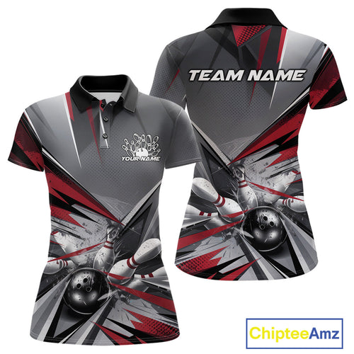 Custom Red And Gray Bowling Polo Team Shirt For Women, Bowler Outfit Bowling League Shirt IPHW9557