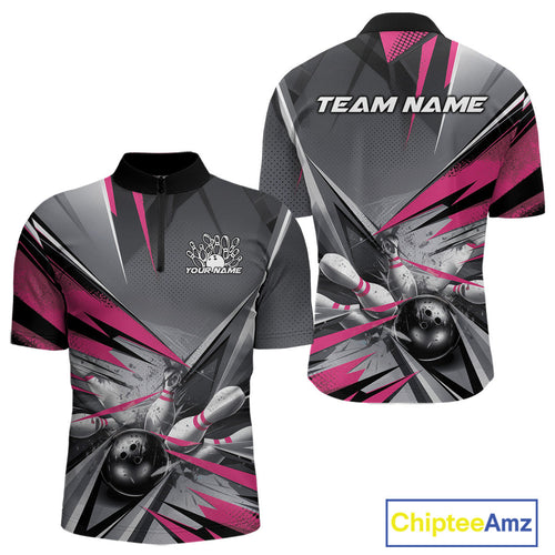 Custom Pink And Gray Bowling Quarter-Zip Team Shirts For Men, Bowler Outfit Bowling League Shirt IPHW9558