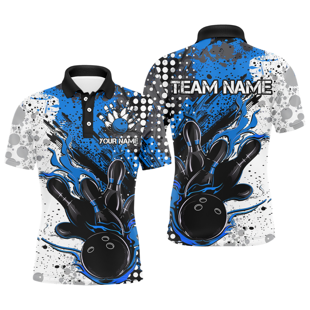 Blue And Black Flame Bowling Team Shirts, Strike Bowling Short Sleeve Polo Shirts For Men IPHW6754