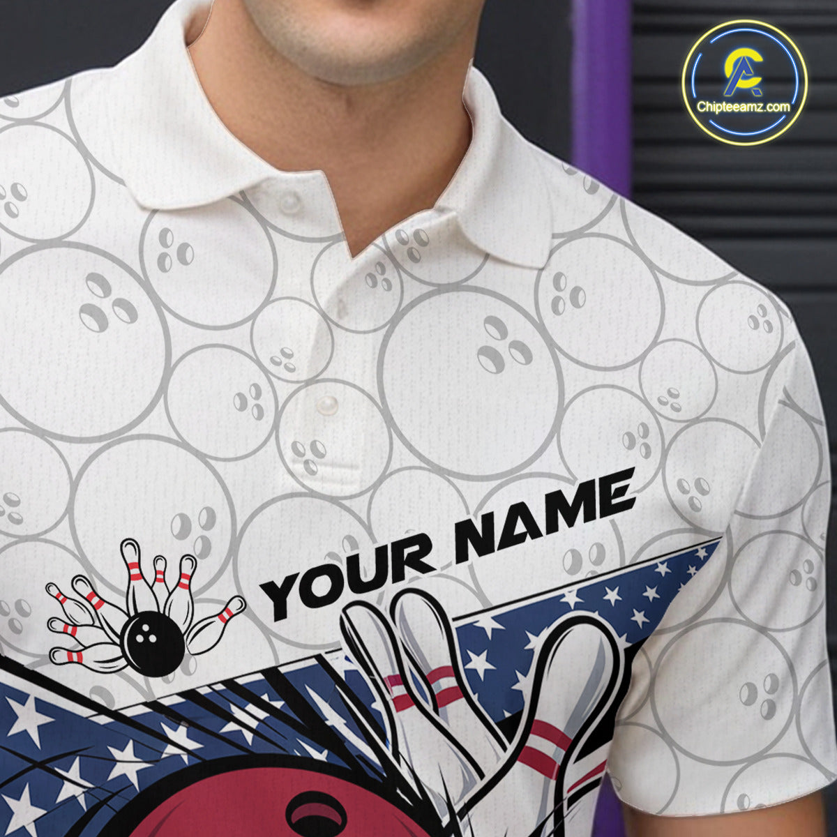 Custom Patriotic US Flag Bowling Polo Shirts For Men, Bowling Pattern Bowling League Shirt IPHW9594