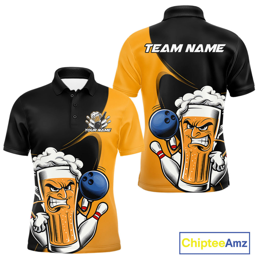 Custom Funny Black And Yellow Bowling And Beer Polo Shirts For Men, Bowling League Shirt IPHW9609