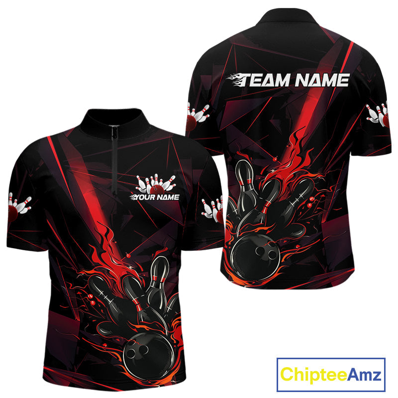 Custom Black And Red Flame Bowling Team Men Quarter-Zip Shirts, Fire Bowling Jerseys IPHW9612