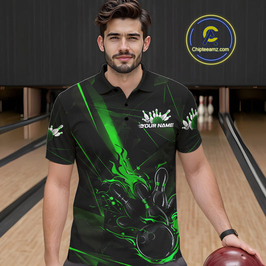 Custom Black And Green Flame Bowling Team Men Polo Shirts, Fire Bowling Jerseys IPHW9613