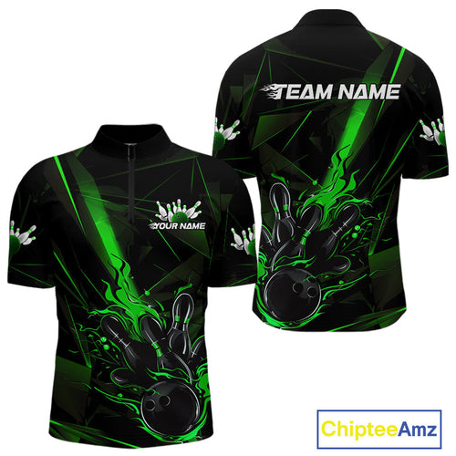 Custom Black And Green Flame Bowling Team Men Quarter-Zip Shirts, Fire Bowling Jerseys IPHW9613