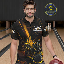 Load image into Gallery viewer, Custom Black And Gold Flame Bowling Team Men Polo Shirts, Fire Bowling Jerseys IPHW9614