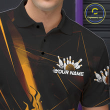 Load image into Gallery viewer, Custom Black And Gold Flame Bowling Team Men Polo Shirts, Fire Bowling Jerseys IPHW9614
