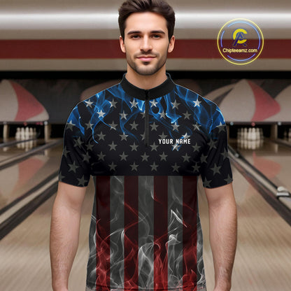 Custom Red And Blue Flame American Flag Patriotic Bowling Men Quarter-Zip Shirts, Team Uniform IPHW9715