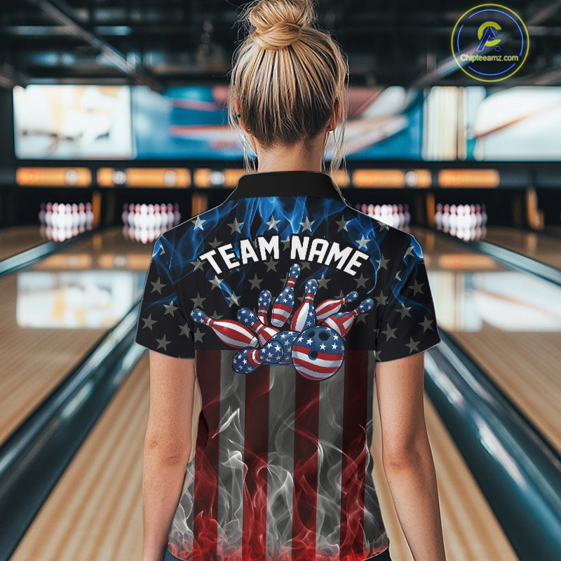 Custom Red And Blue Flame American Flag Patriotic Bowling Women Quarter-Zip Shirts IPHW9715