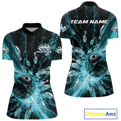 Custom Blue Thunder Lightning Bowling Team Women Quarter-Zip Shirts, Bowling Jerseys IPHW9742