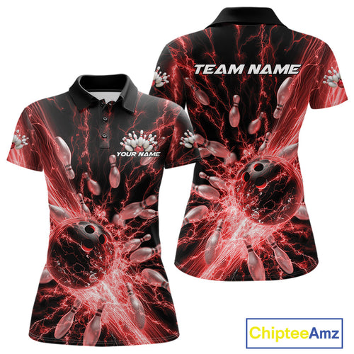 Custom Red Thunder Lightning Bowling Team Women Polo Shirts, Bowling Jerseys IPHW9743