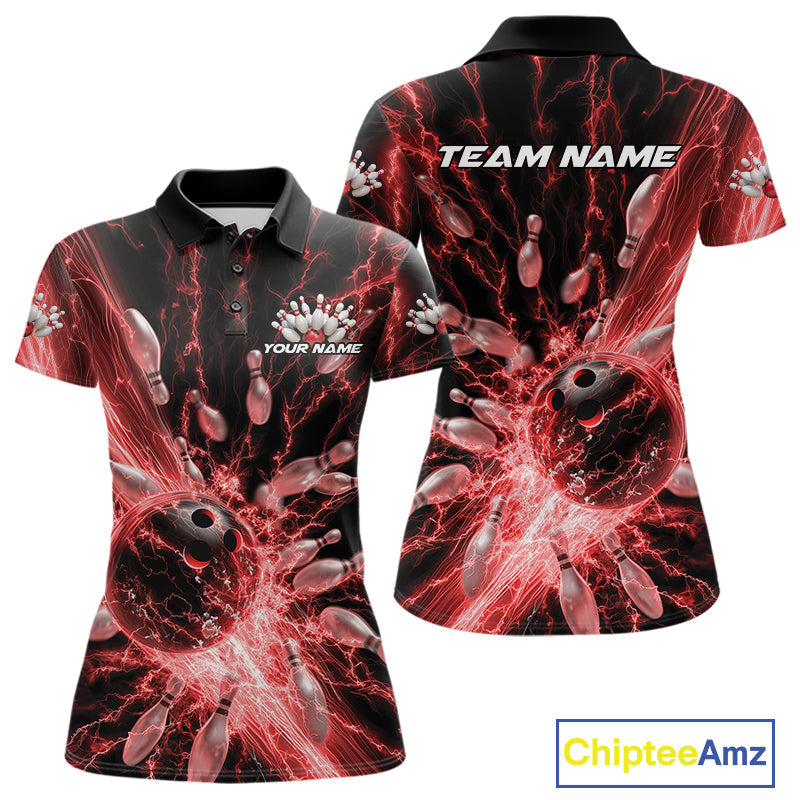 Custom Red Thunder Lightning Bowling Team Women Polo Shirts, Bowling Jerseys IPHW9743