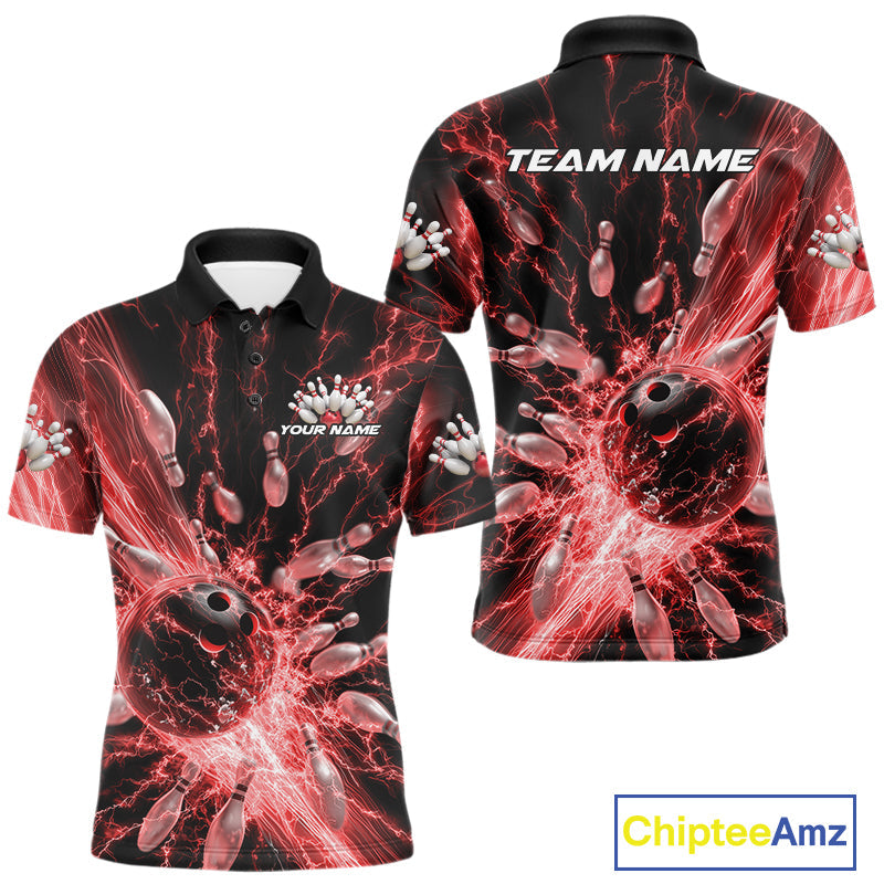 Custom Red Thunder Lightning Bowling Team Men Polo Shirts, Bowling Jerseys IPHW9743