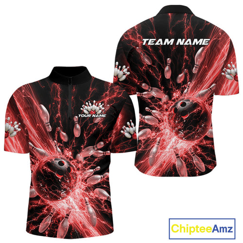 Custom Red Thunder Lightning Bowling Team Men Quarter-Zip Shirts, Bowling Jerseys IPHW9743