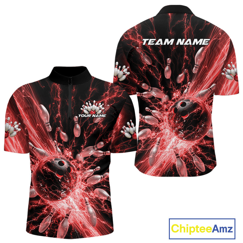 Custom Red Thunder Lightning Bowling Team Men Quarter-Zip Shirts, Bowling Jerseys IPHW9743