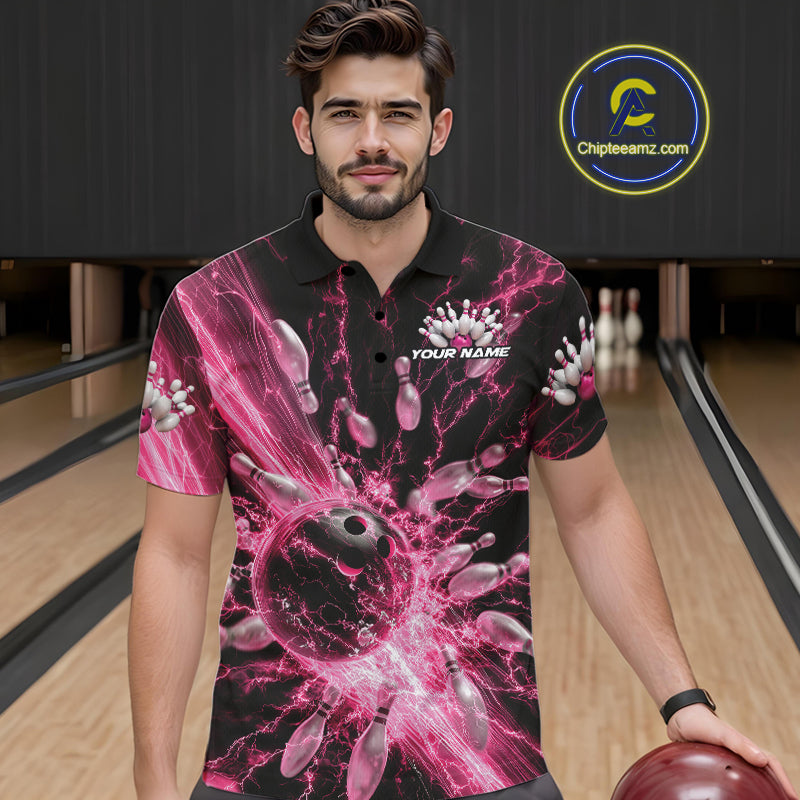 Custom Pink Thunder Lightning Bowling Team Men Polo Shirts, Bowling Jerseys IPHW9745