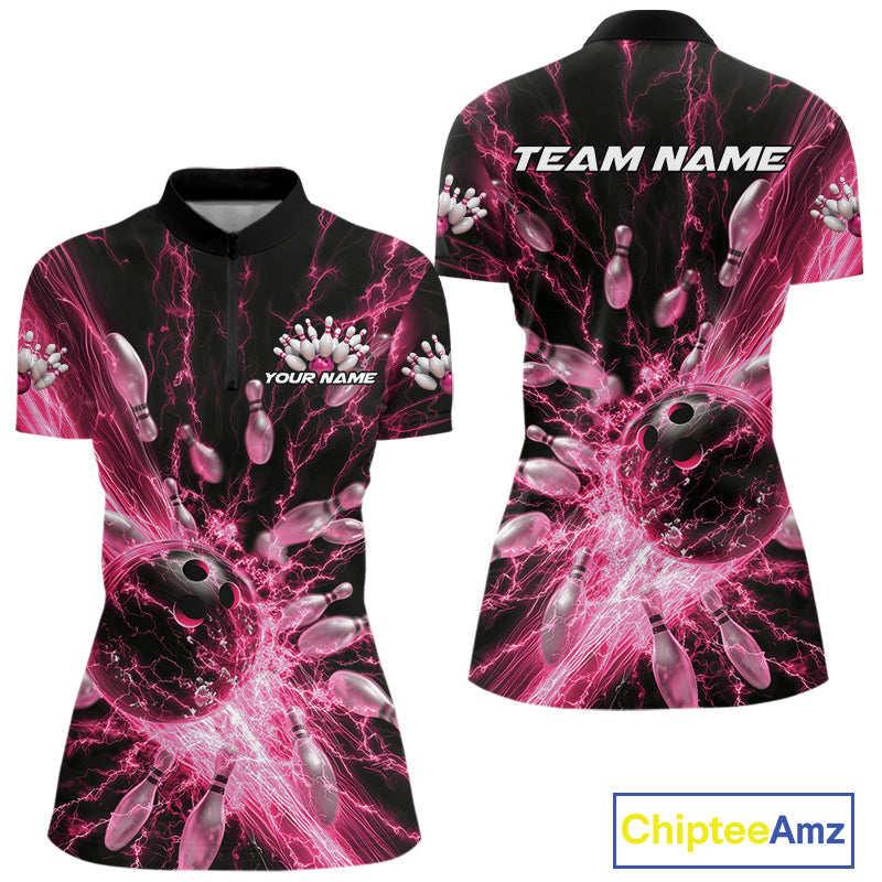 Custom Pink Thunder Lightning Bowling Team Women Quarter-Zip Shirts, Bowling Jerseys IPHW9745