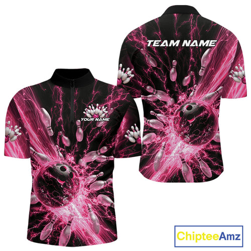 Custom Pink Thunder Lightning Bowling Team Men Quarter-Zip Shirts, Bowling Jerseys IPHW9745