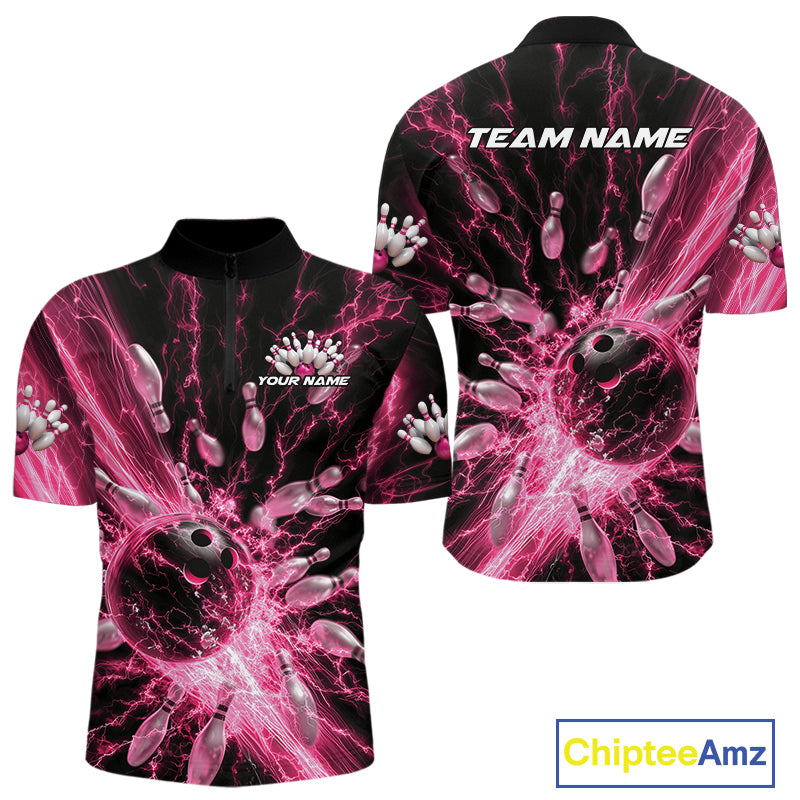 Custom Pink Thunder Lightning Bowling Team Men Quarter-Zip Shirts, Bowling Jerseys IPHW9745