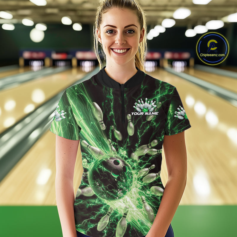 Custom Green Thunder Lightning Bowling Team Women Quarter-Zip Shirts, Bowling Jerseys IPHW9746